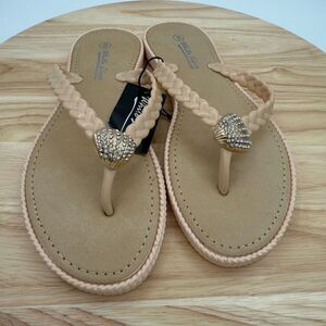 Rhinestone Shell Sandals Womens 8 Beige Braided Thong Slip On Beach Pool NWT